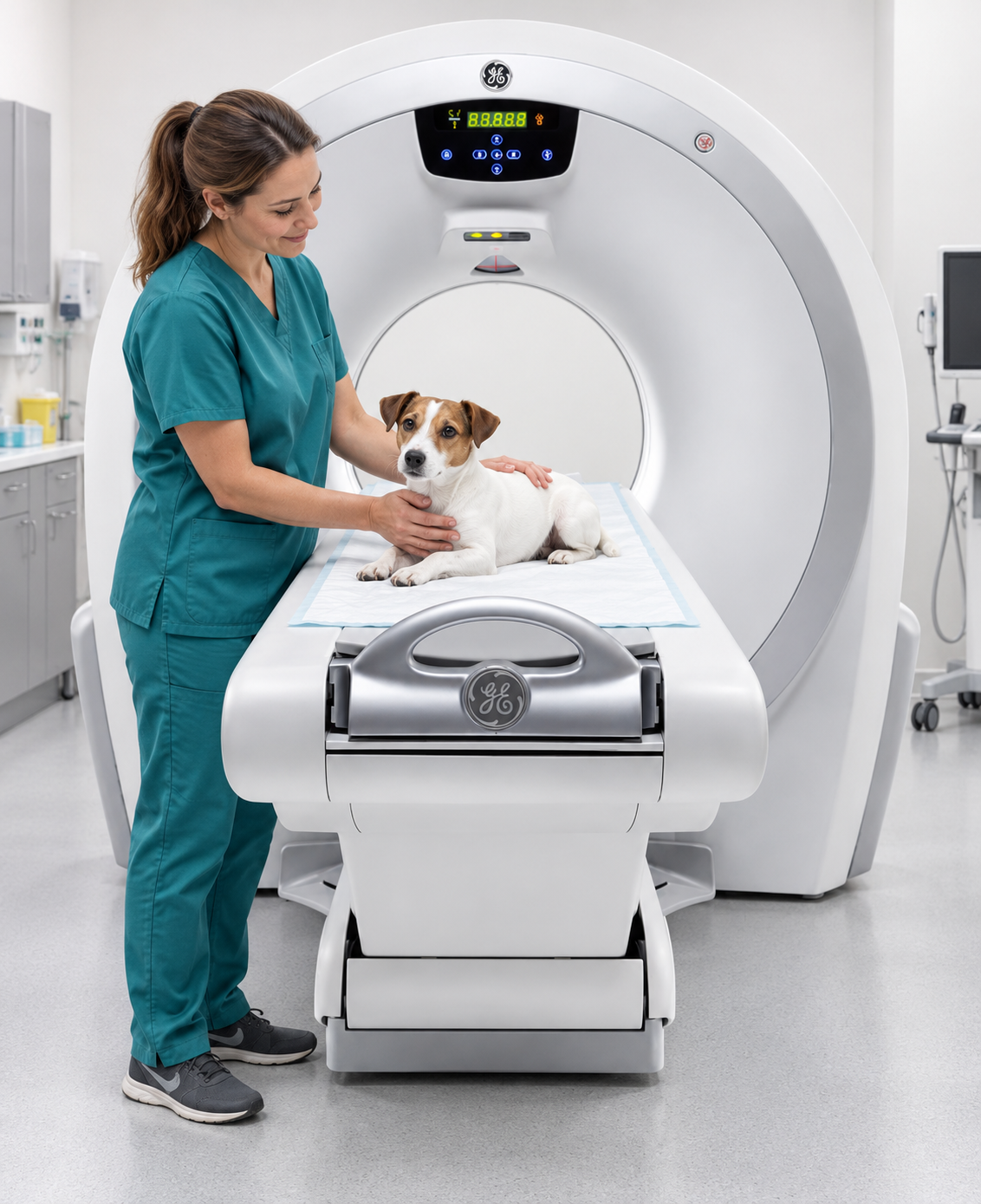 Montagem ilustrativa de um Jack Russell sobre a mesa do tomógrafo, sob os cuidados de uma veterinária
